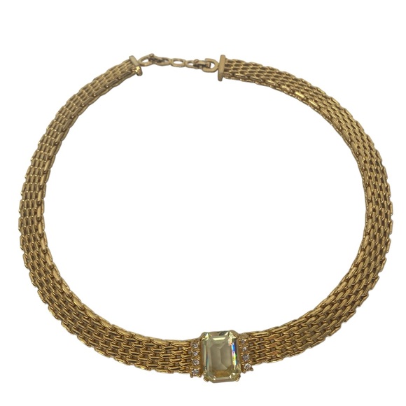 Vintage Christian Dior Metal Mesh Yellow Crystal Collar Necklace - Picture 6 of 10